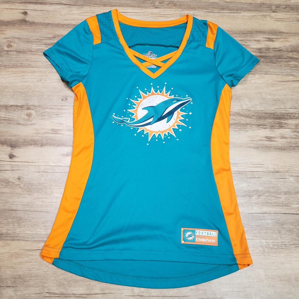 Miami Dolphins Shirt Womens Small Blue NFL Football Short Sleeve V-Neck Majestic